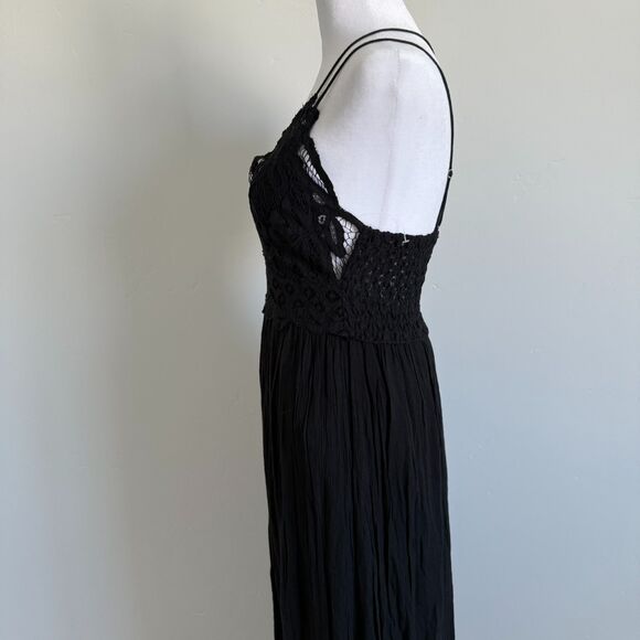 FP One womens Adella Maxi Dress Crochet Smocked spaghetti Strap Black Goth Sz M - Picture 6 of 14